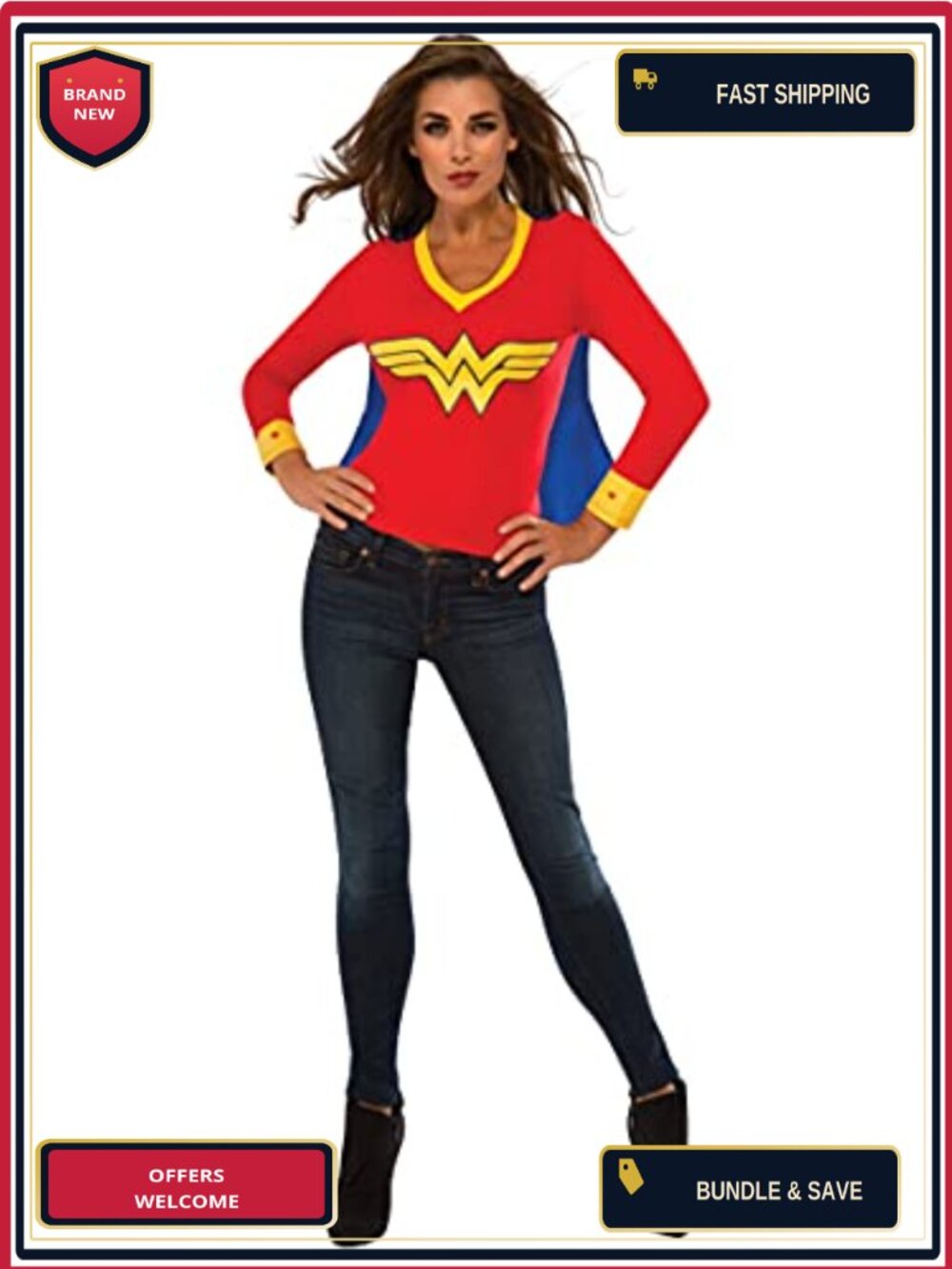 DC Wonder Woman Sporty Tee 3/4 Sleeve Detachable Cape Costume Top